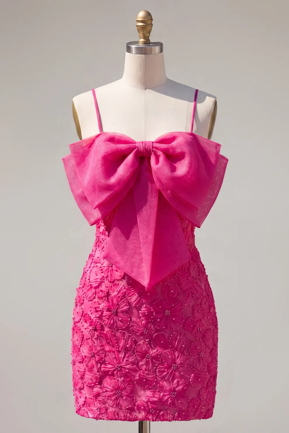 Sparkly Pink Beaded Short Bodycon Floral Homecoming Dress with Bow