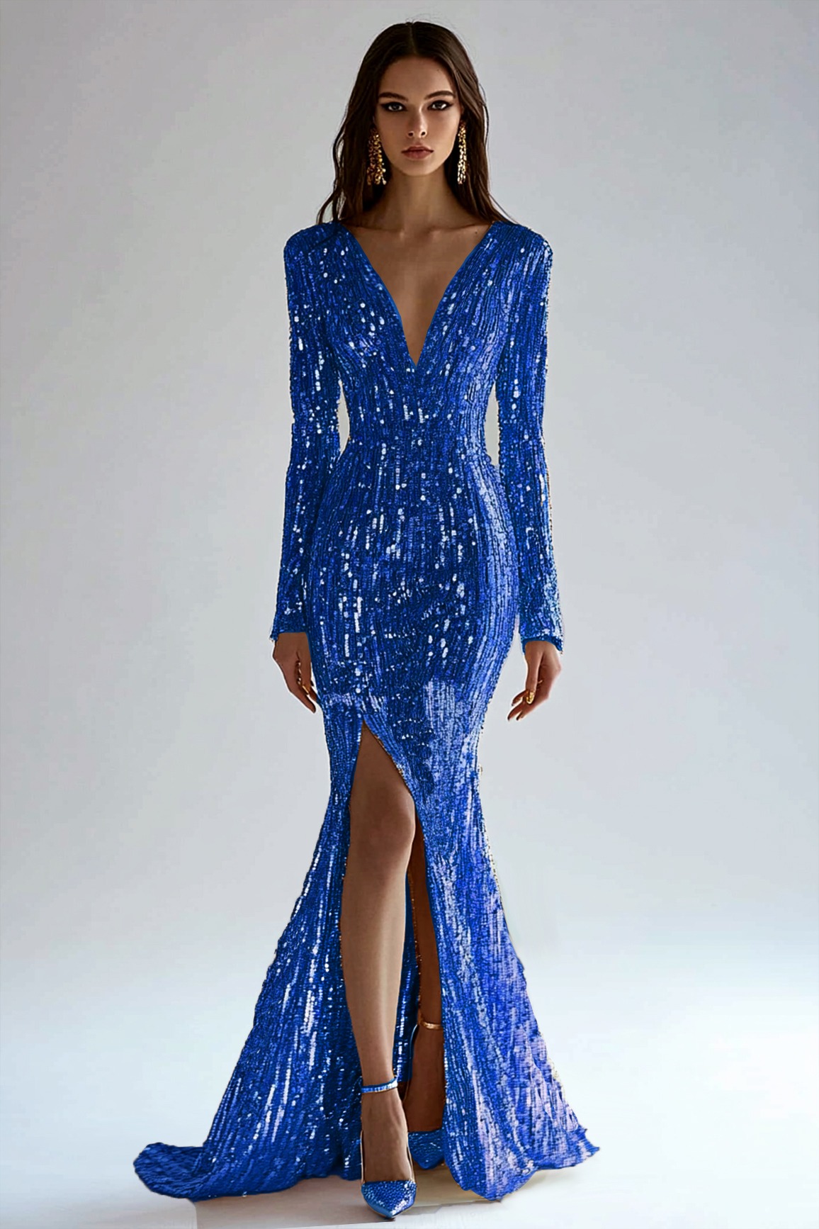 Gold Dress Sequin High Slit Long Sleeve Mermaid Maxi Dress