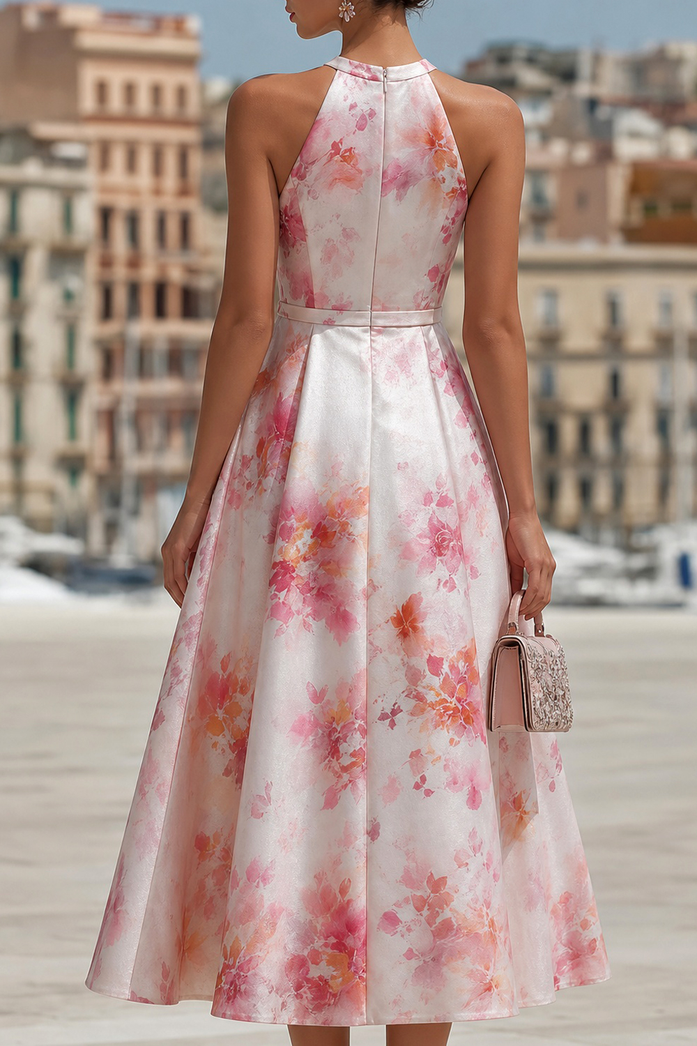 Elegant Watercolor Floral Halter Neck Satin A-Line Midi Dress