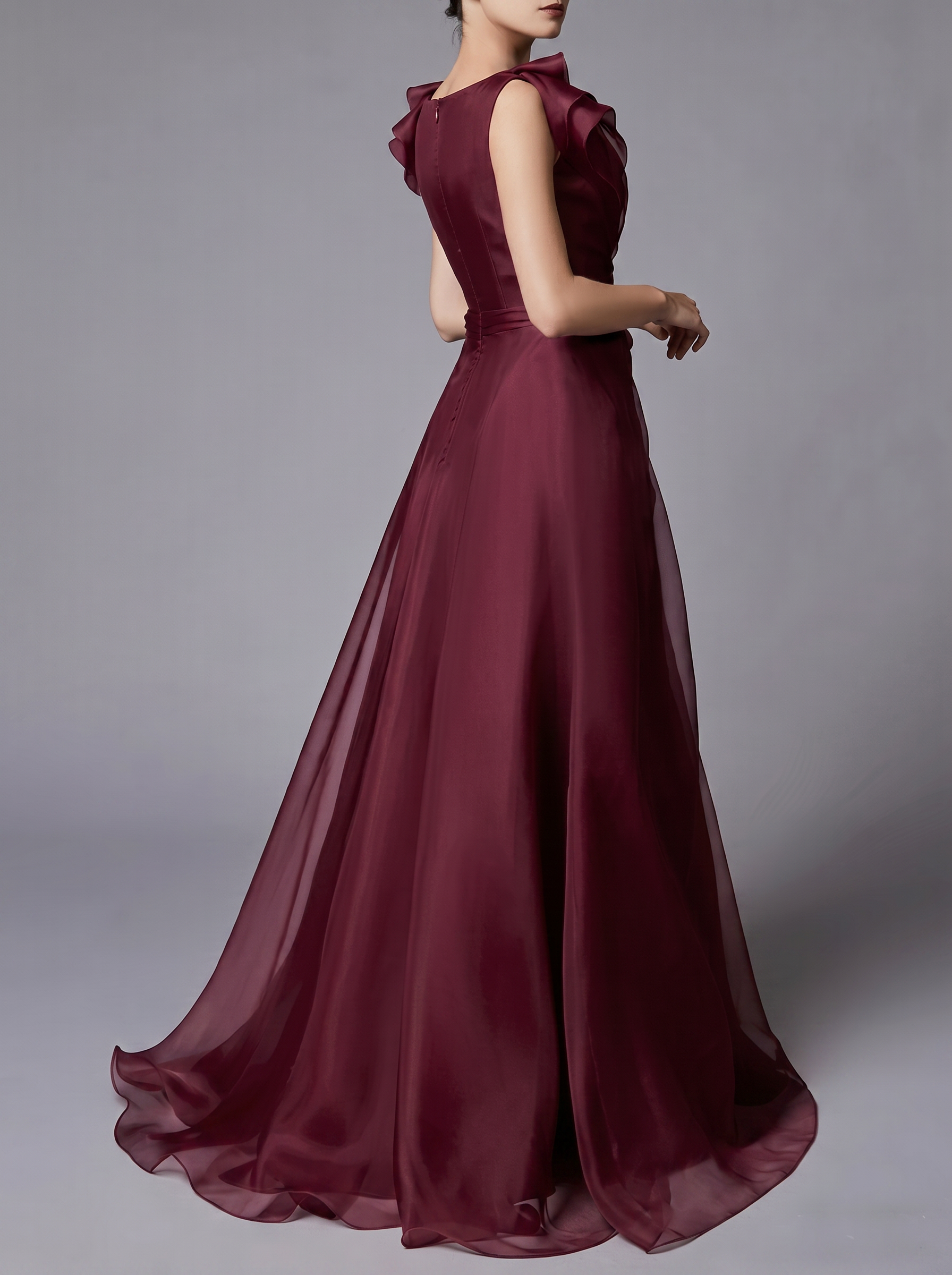 Wine Red Organza Sleeveless Asymmetrical Draped Cinched-Waist Maxi Dress