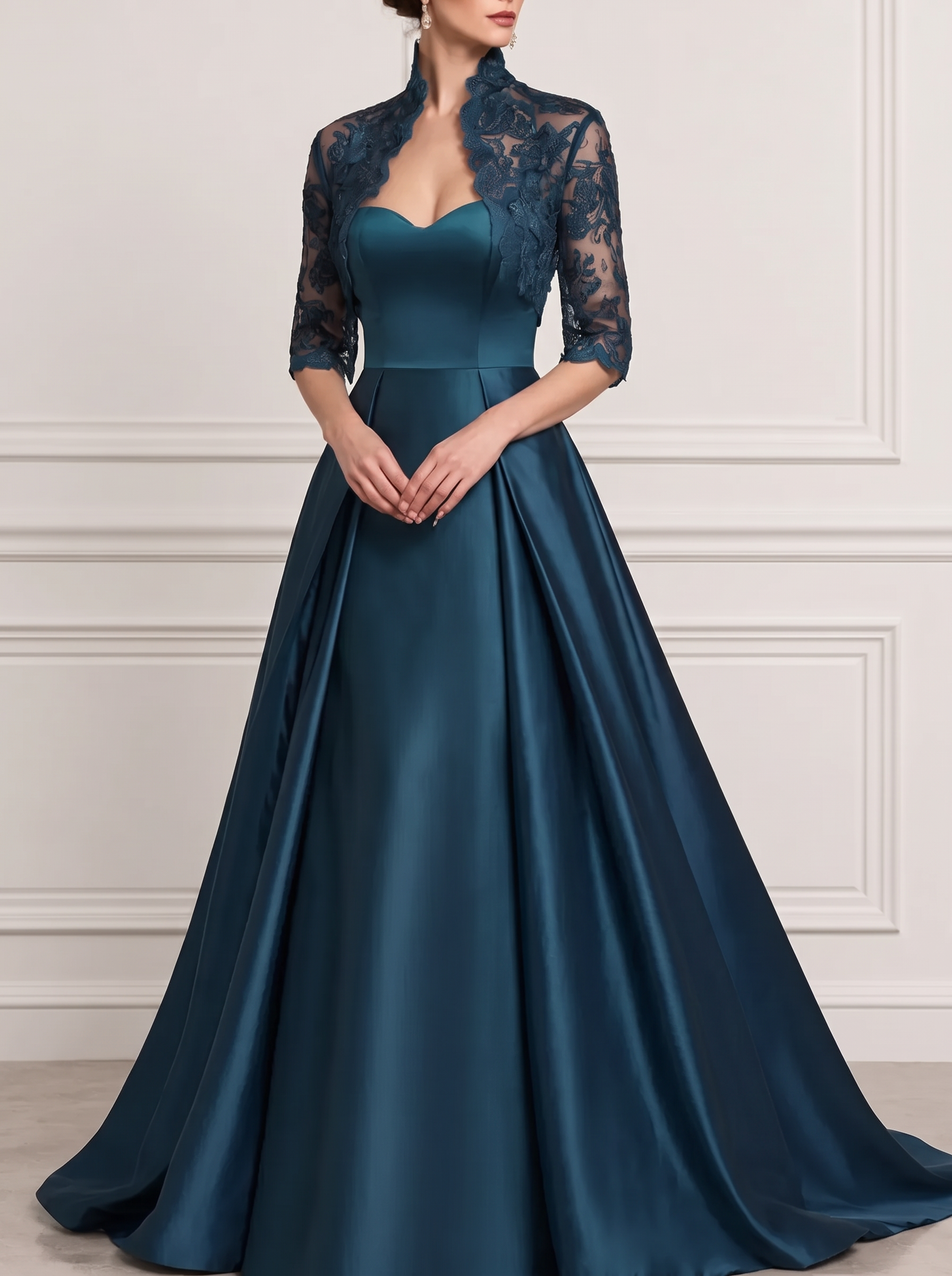 Lace Satin Sweetheart A-Line Evening Gown Maxi Dress
