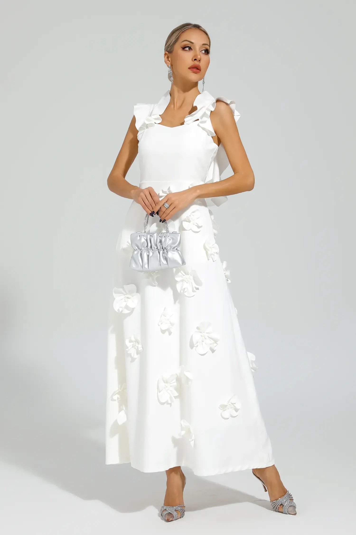 White Square Neck Sleeveless 3D Flowers Embellished Maxi Dress