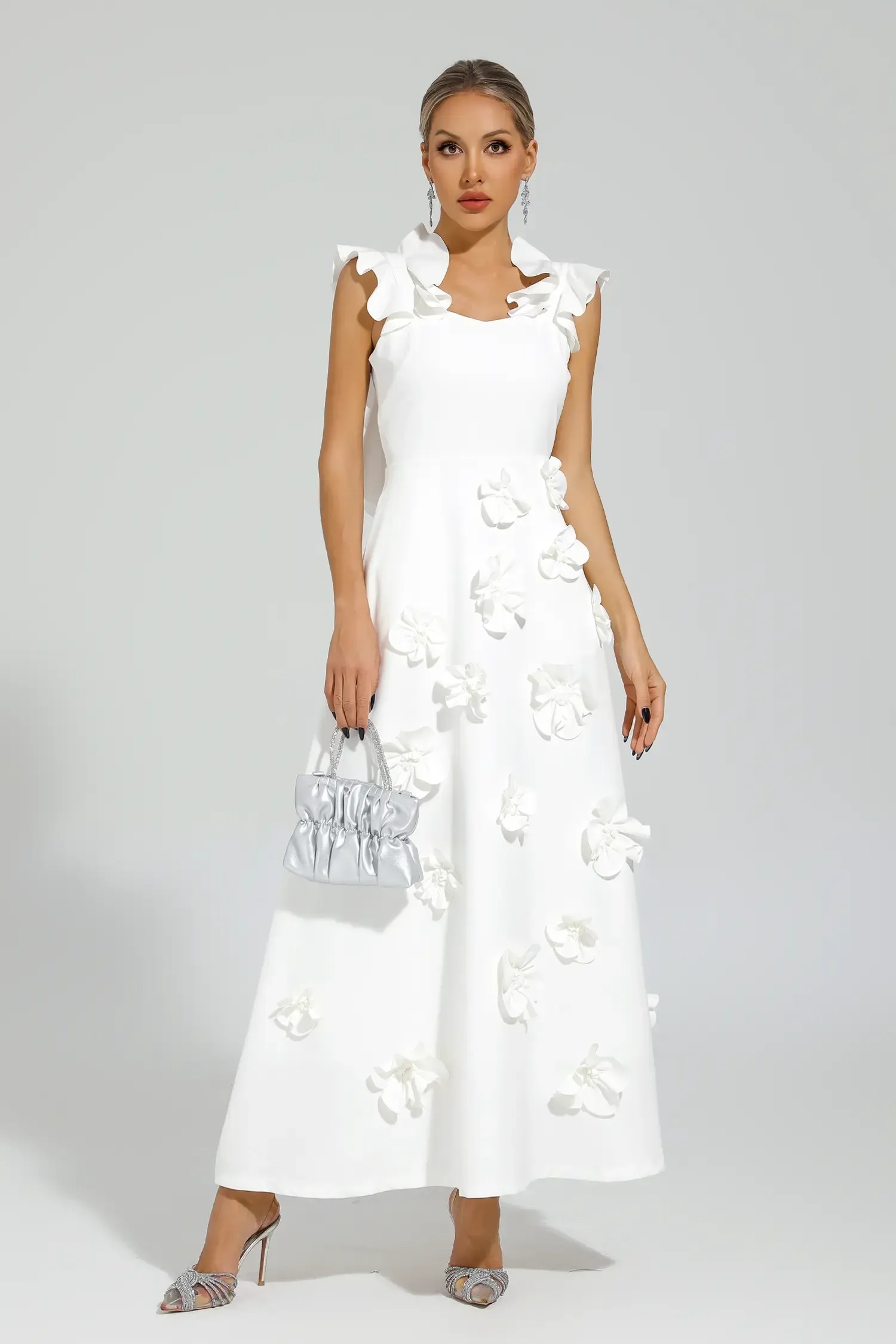 White Square Neck Sleeveless 3D Flowers Embellished Maxi Dress
