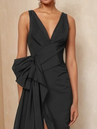 Blue Bow Asymmetric Satin V Neck Sleeveless A-Line Maxi Dress