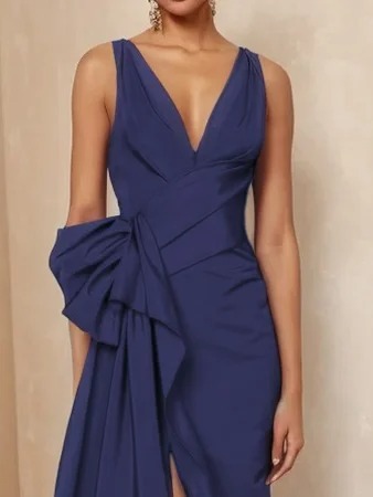 Blue Bow Asymmetric Satin V Neck Sleeveless A-Line Maxi Dress