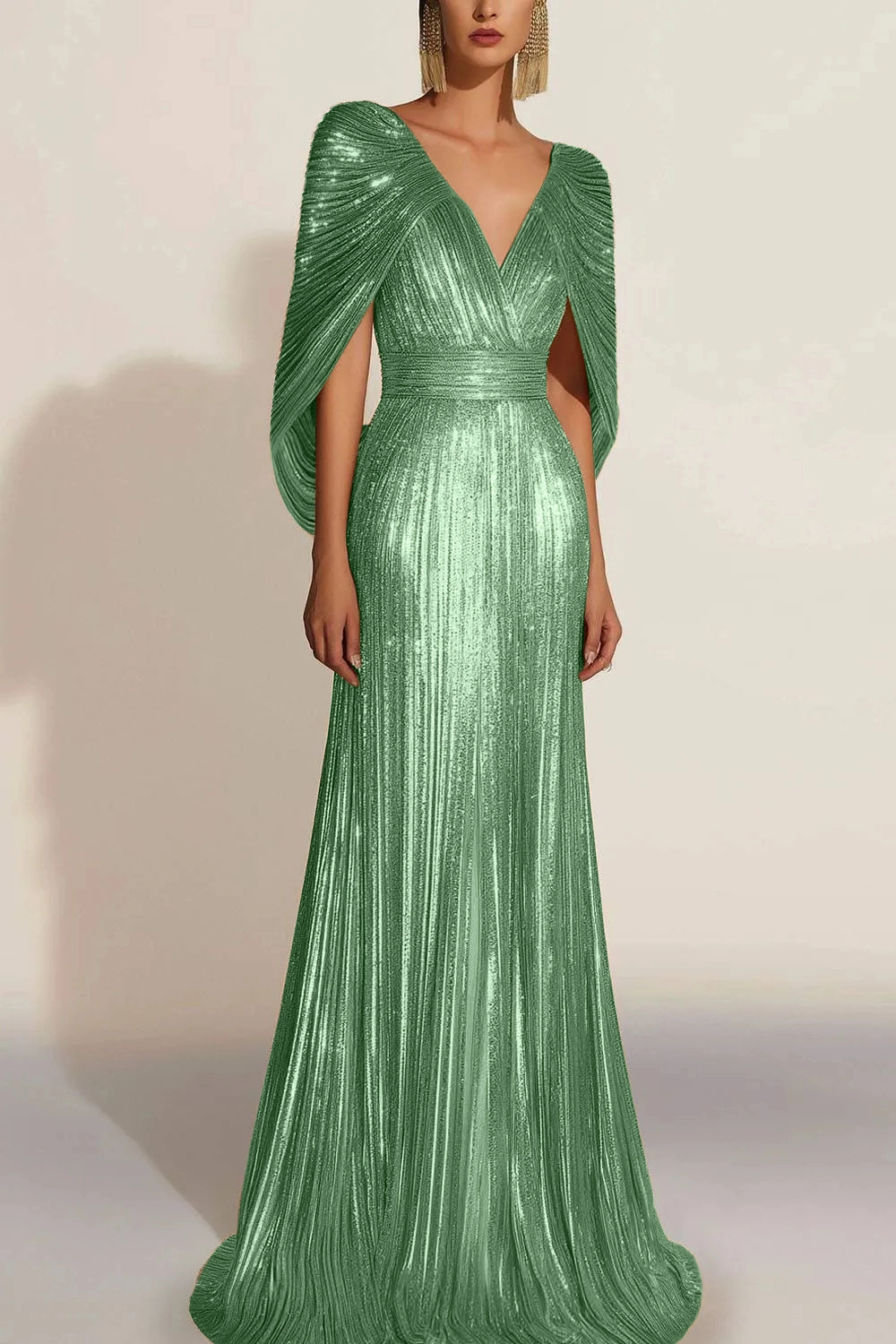 Formal Evening Fringe Dress Gold Cape V-neck Floor-length Gown
