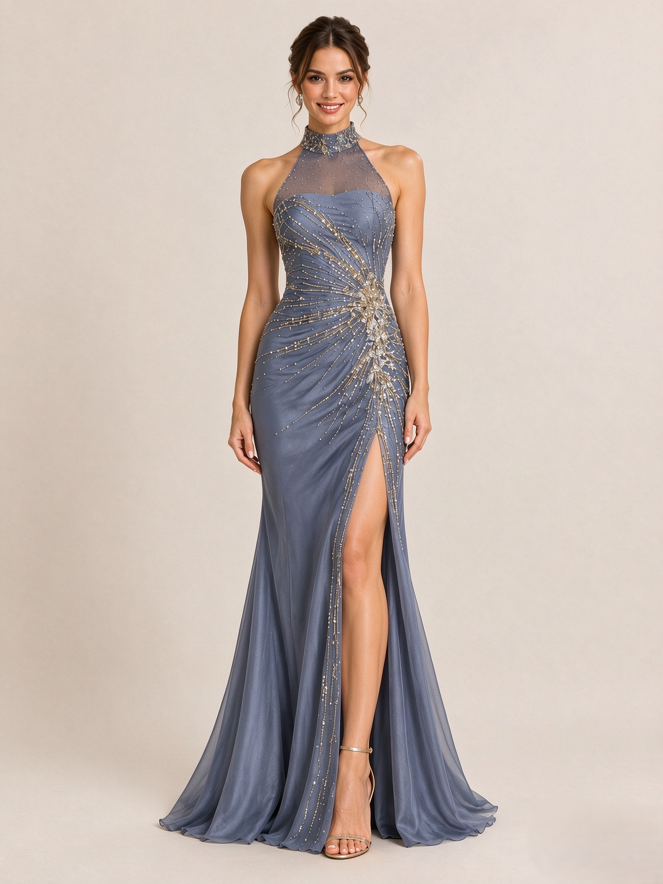 Halter Dusty Blue Mermaid Evening Dress With Gold Beading