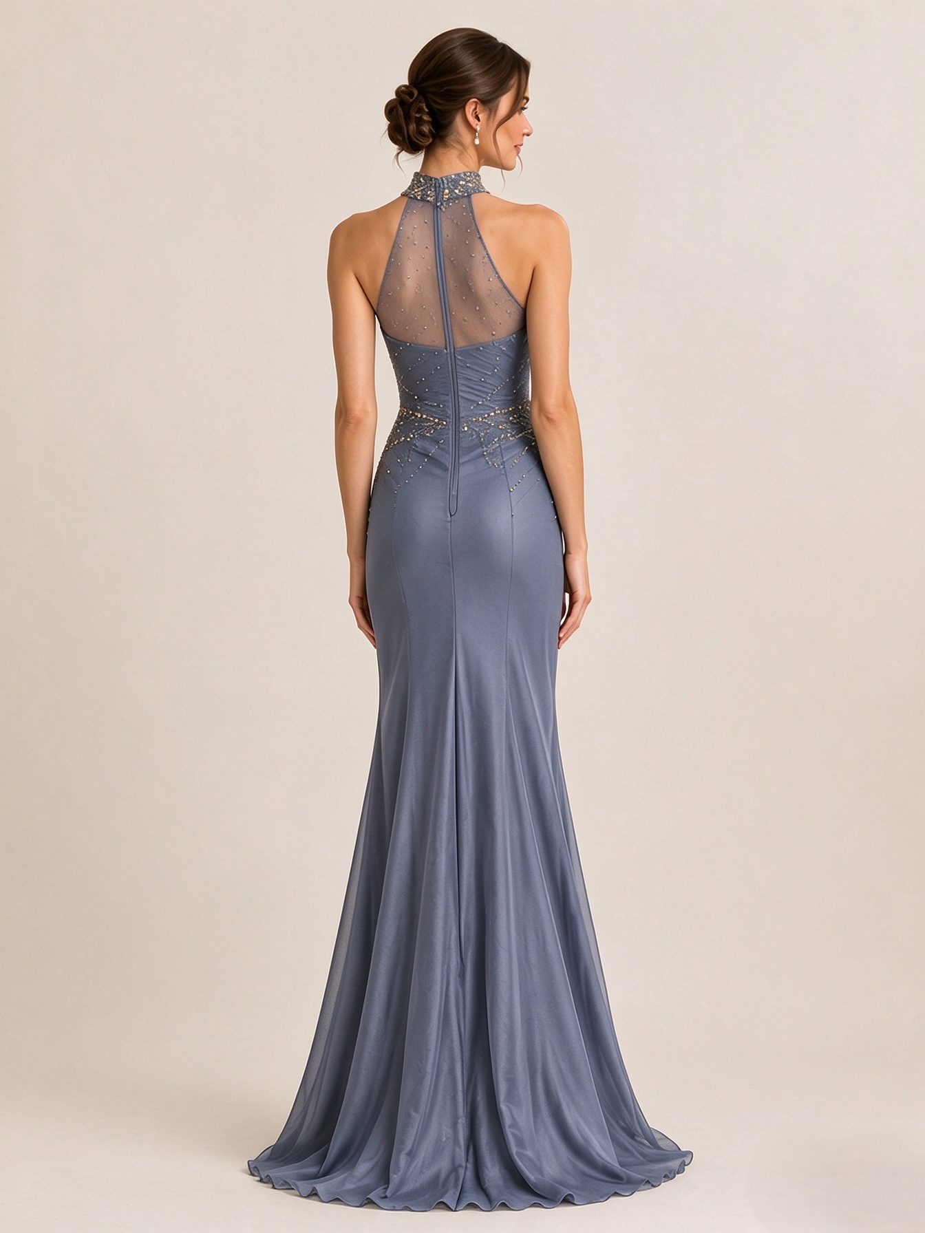 Halter Dusty Blue Mermaid Evening Dress With Gold Beading