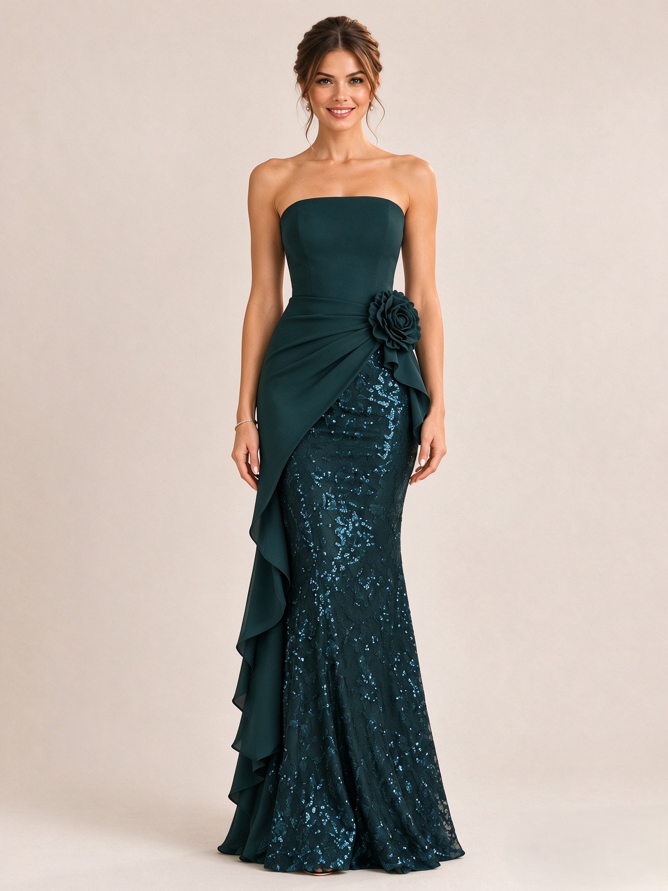 Strapless Dark Green Sequin Lace Mermaid Evening Dress 