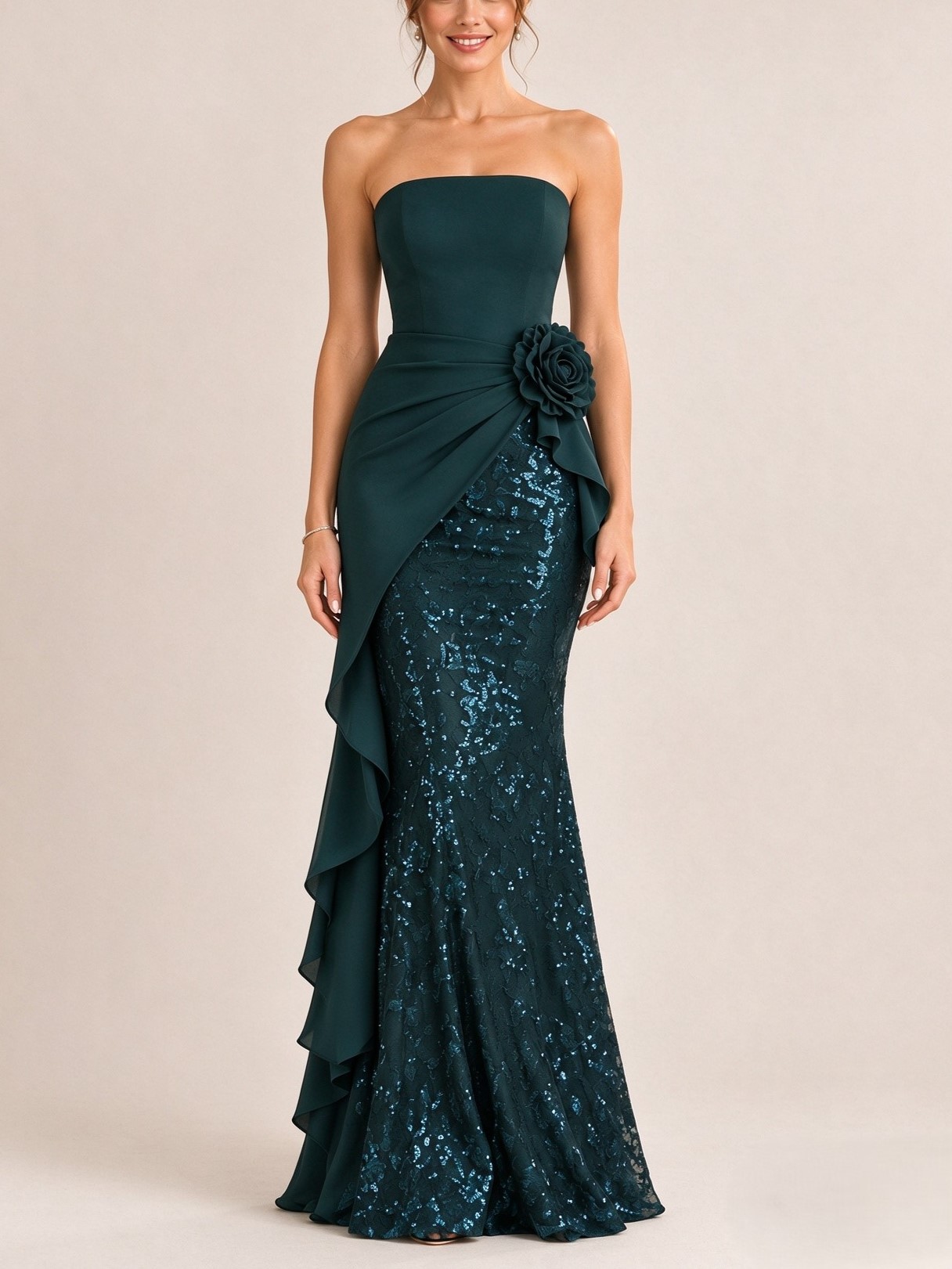 Strapless Dark Green Sequin Lace Mermaid Evening Dress 