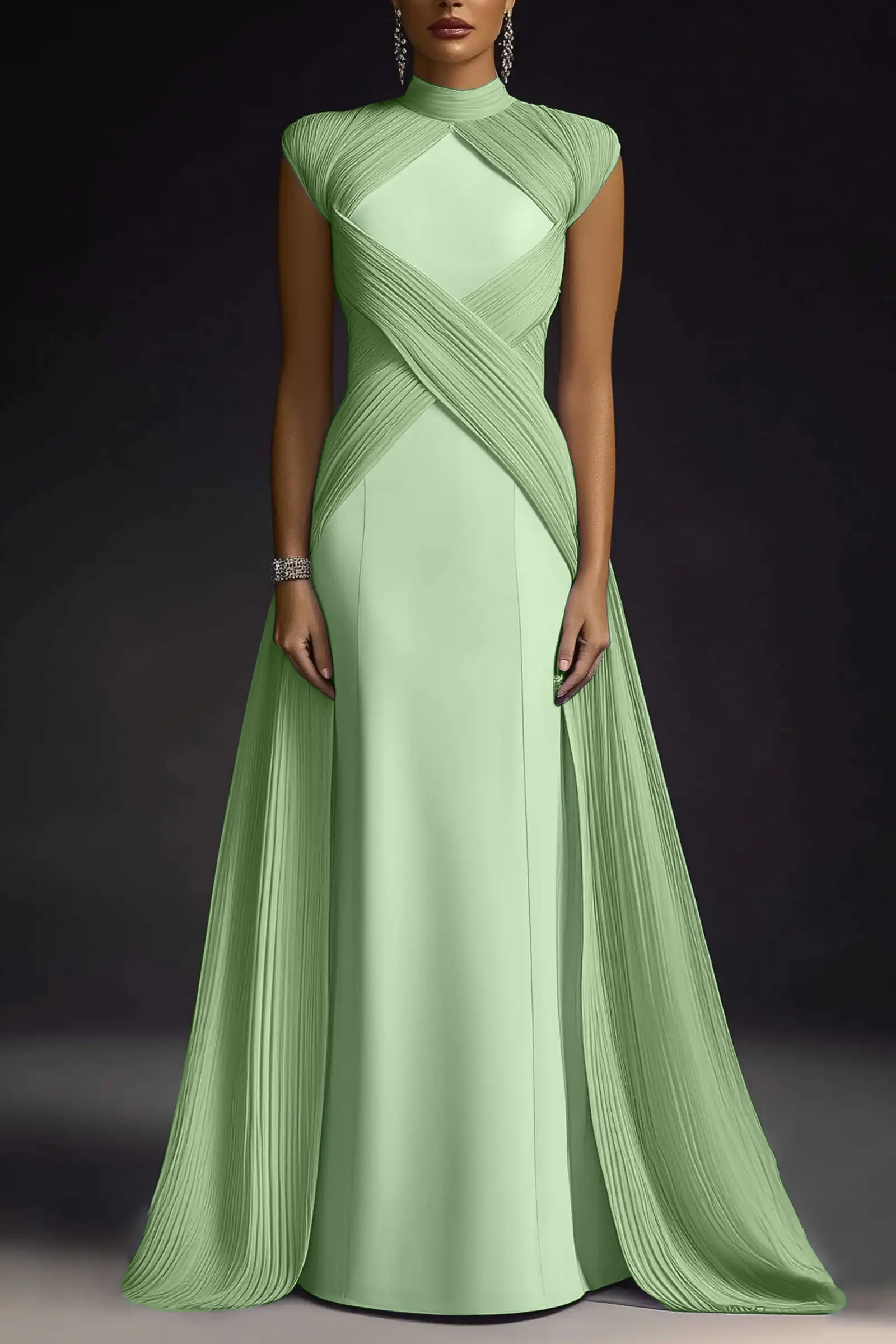 Formal Evening Dress Purple Stand Collar Pleated Train Maxi Gown