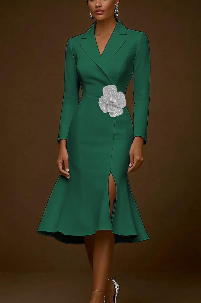Work Semi-Formal Blazer Dress White Rhinestone Flower Mermaid Midi Dress