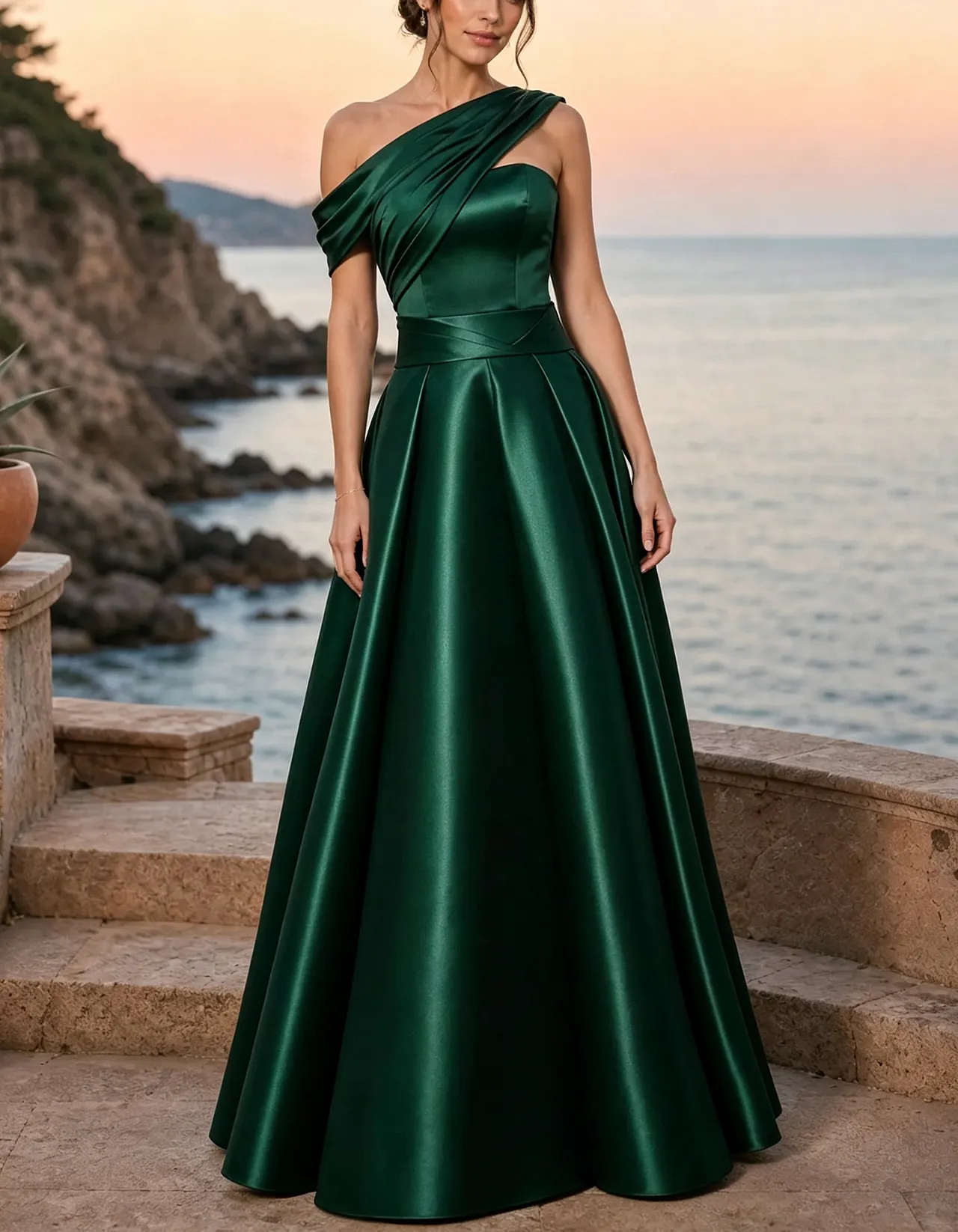 Satin Asymmetrical One Shoulder Twist Draped Maxi Dress