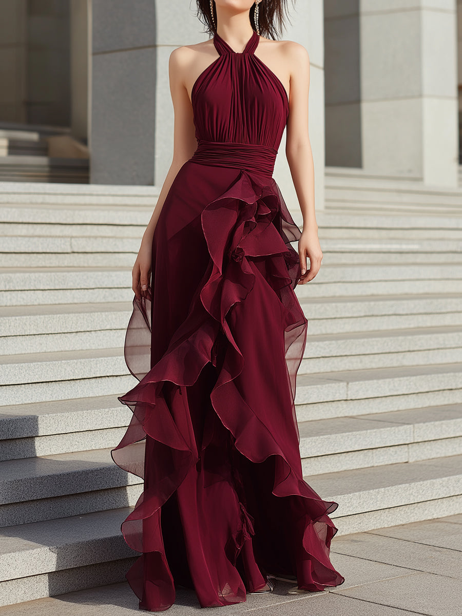Elegant Halter Neck Evening Gown With Draped Design
