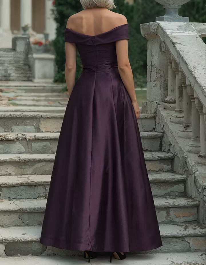 Dark Purple Off-the-Shoulder Satin A-Line Maxi Dress