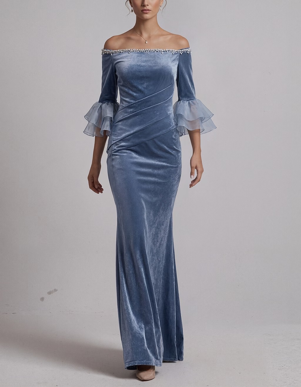 Dusty Blue Off The Shoulder Velvet Maxi Dress