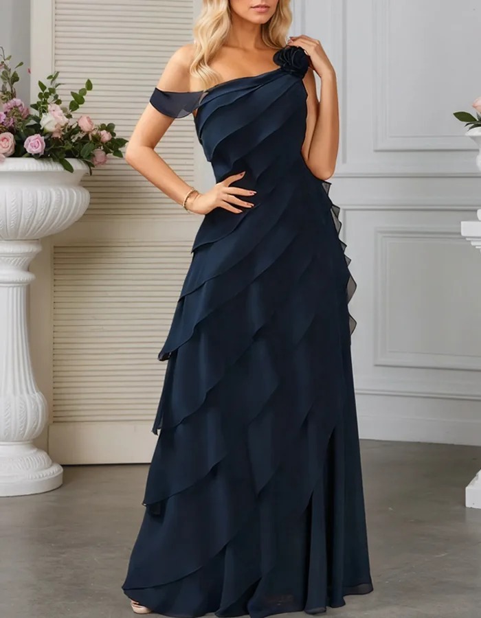 Navy One-Shoulder Ruffled Chiffon Maxi Dress