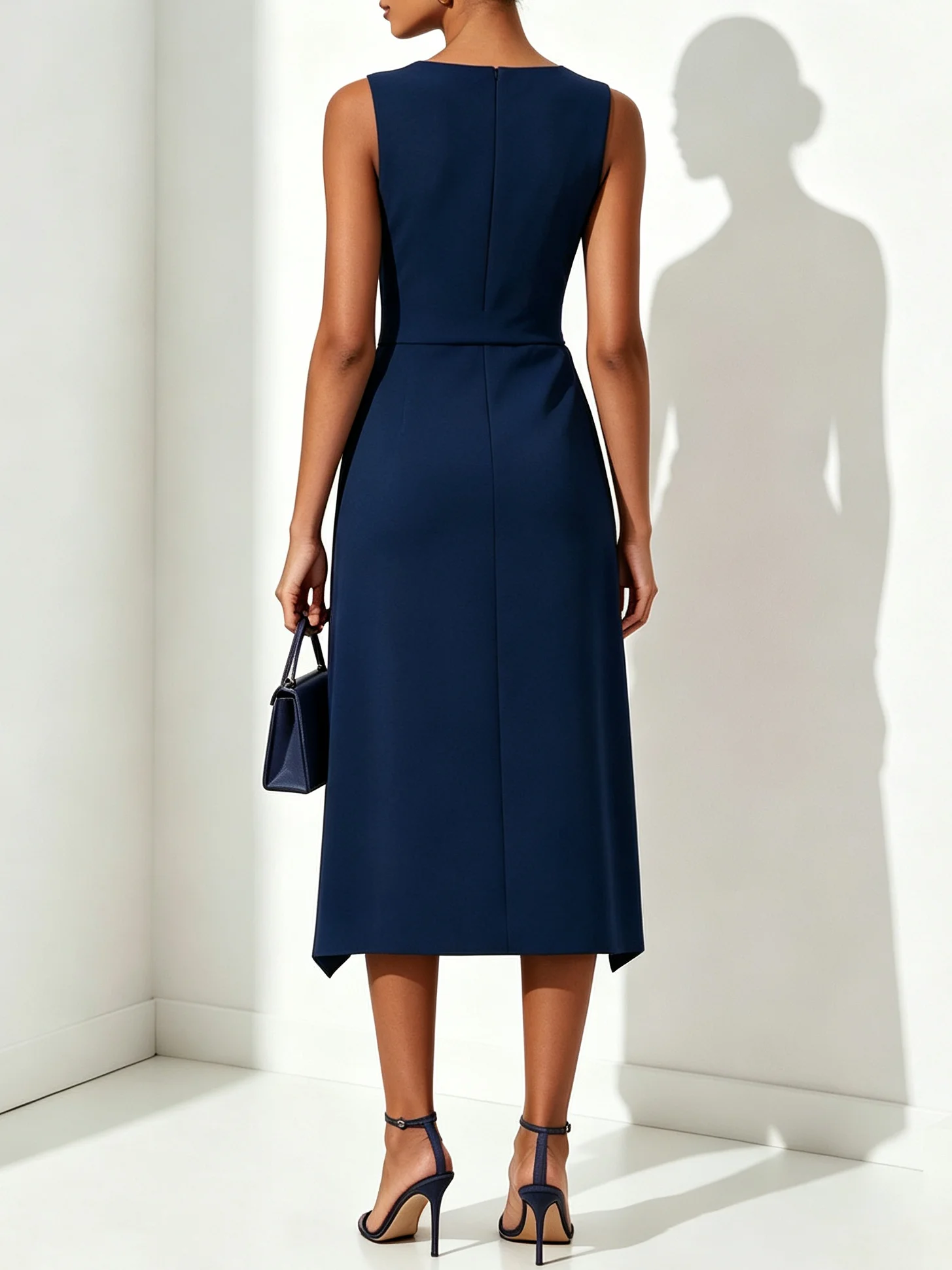 Navy Blue Ruched Classic Bow Notched Sleeveless Sheath Midi Dress