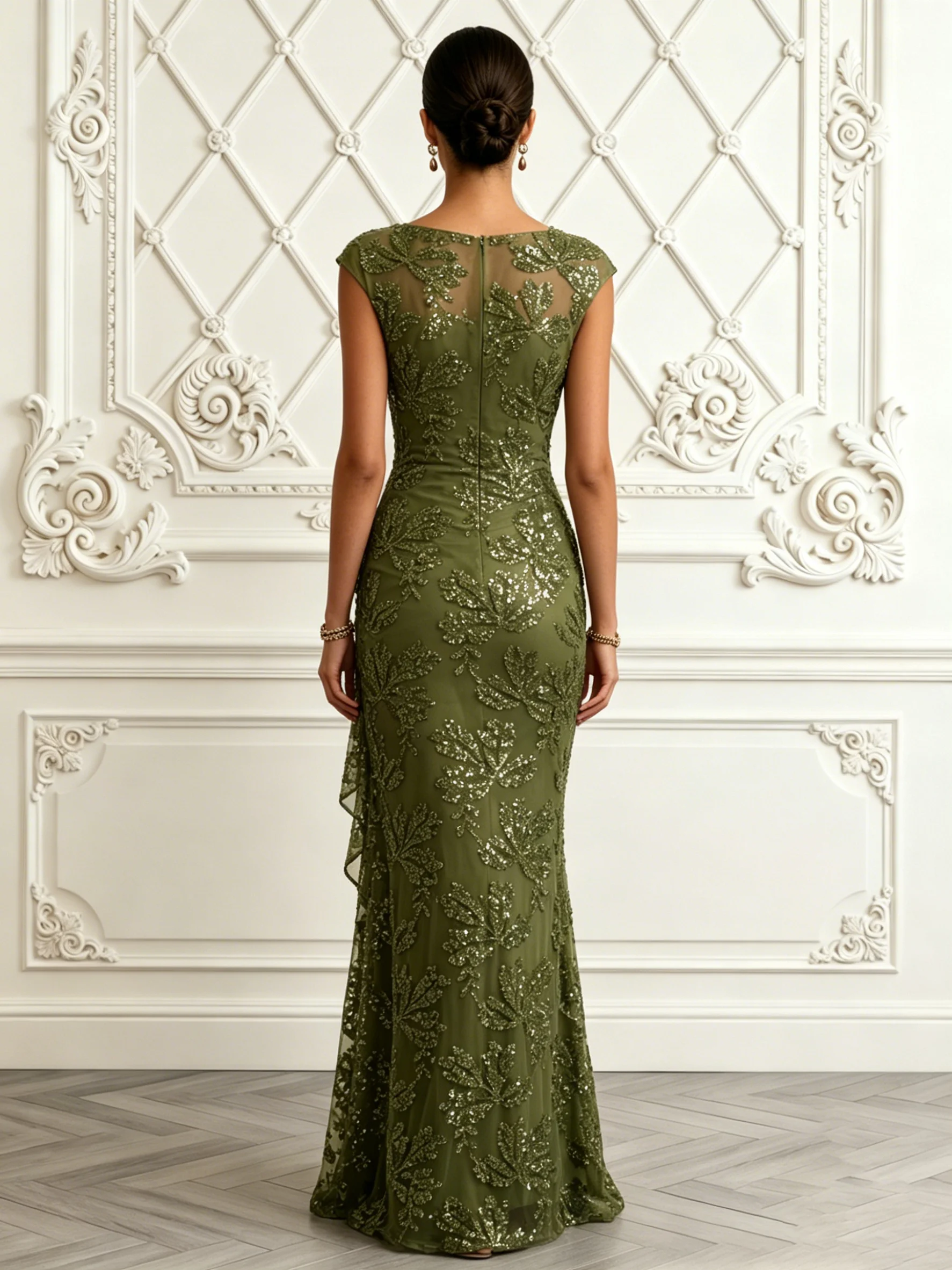 Army Green Glitter Ruffled Sequin Boat Neck Sleeveless Mermaid Floor Length Dress