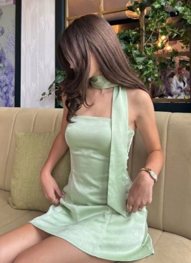 Mint Satin Halter Mini Dress Neck Sash Tie A-Line Short Dress