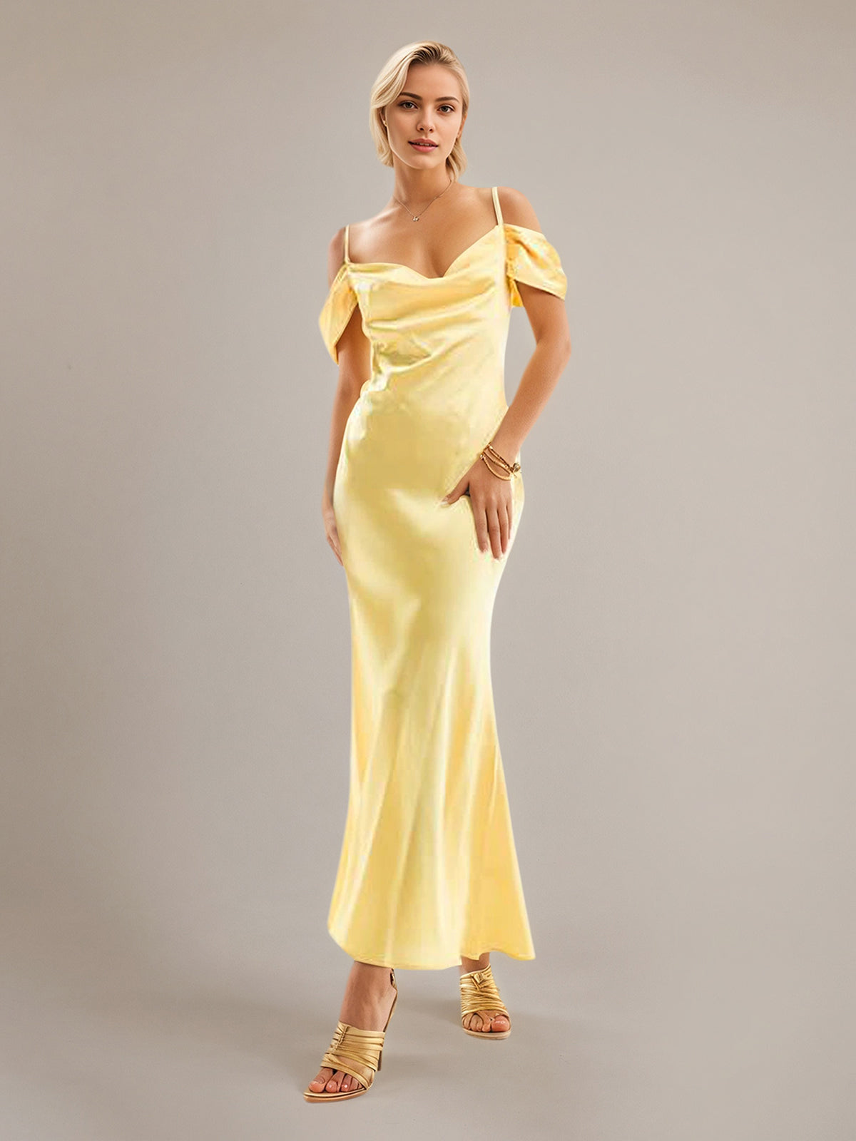 Yellow Sheath/Column Satin Spaghetti Straps Sleeveless Ankle Length Dresses