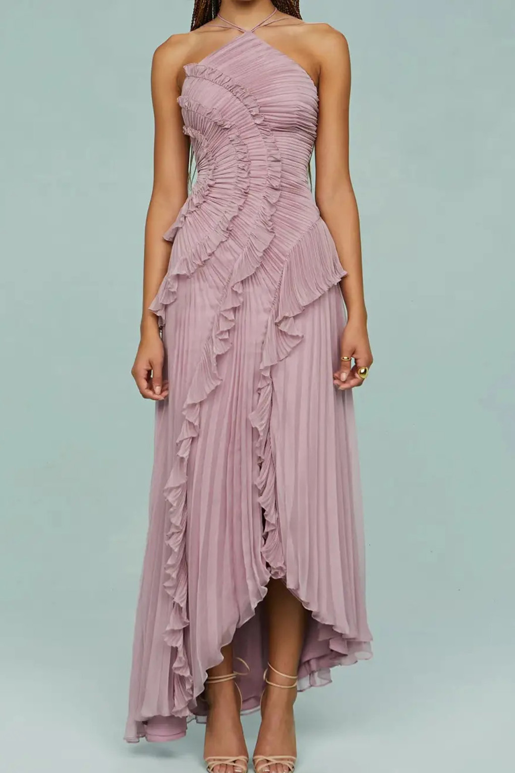 Pleated Suspender Long Dress With Slits
