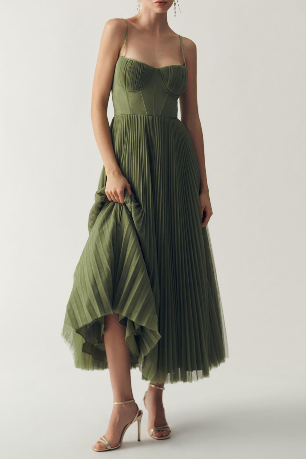 Corset Pleated Tulle Fit & Flare Midi Dress