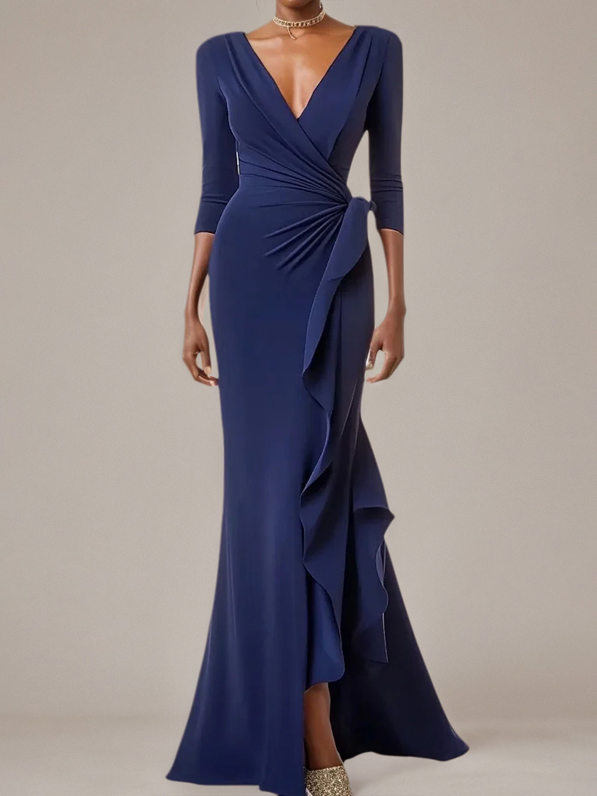 Navy Sheath/Column Stretch Crepe V Neck 3/4 Sleeves Asymmetrical Dresses