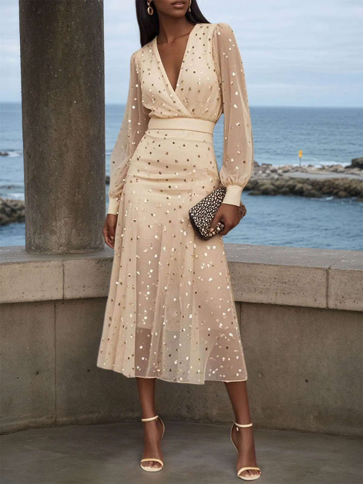 Apricot golden Chiffon V Neck Long Balloon Sleeve A-Line Midi Dress