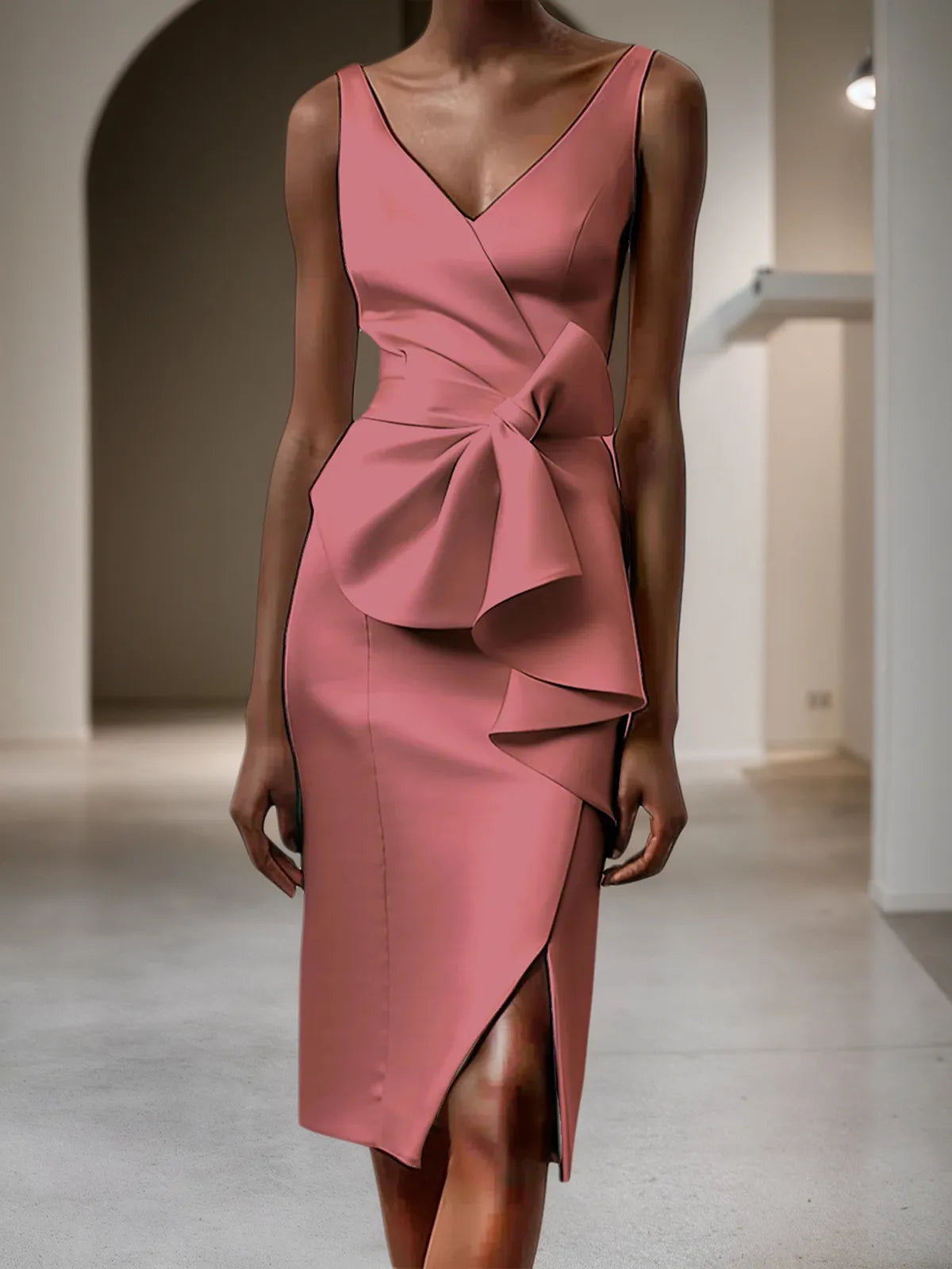 Pink V Neck Ruffled Sleeveless Bow Sheath Midi Dress
