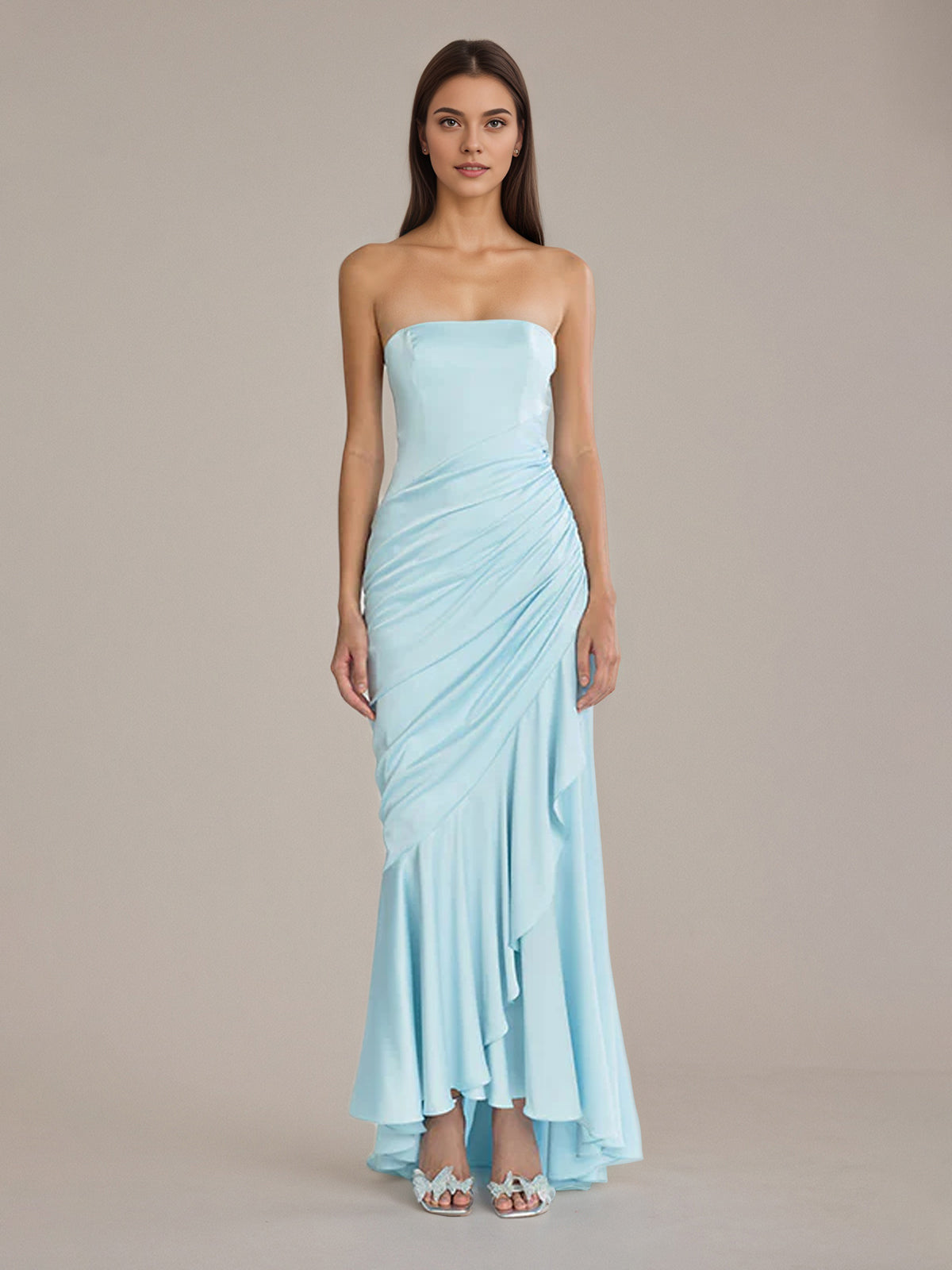 Sheath/Column Satin Off The Shoulder Sleeveless Floor Length Dresses With Ruffles