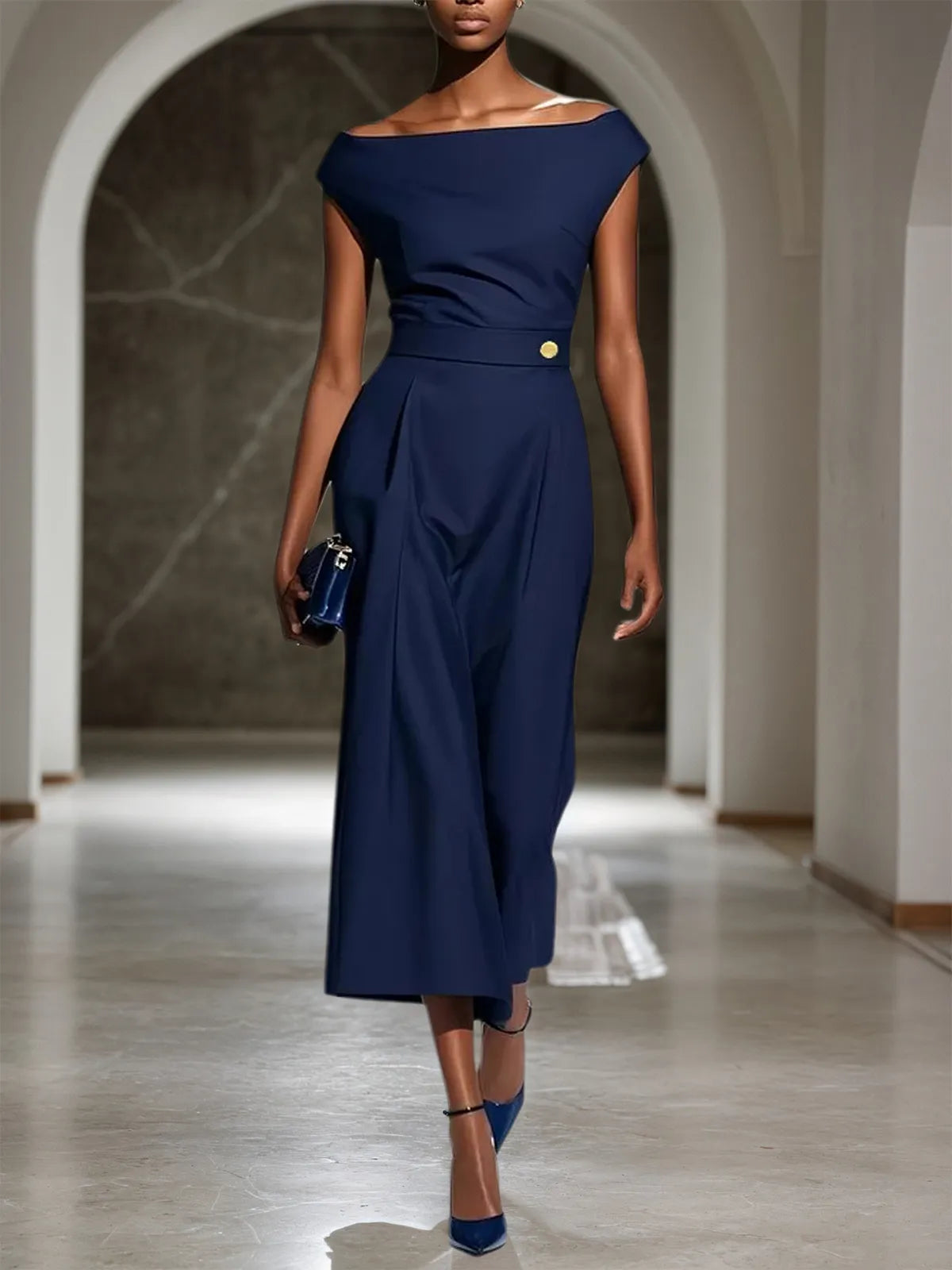 Purplish blue Buckle Classic Off The Shoulder Cap Sleeve Sheath Midi Dress