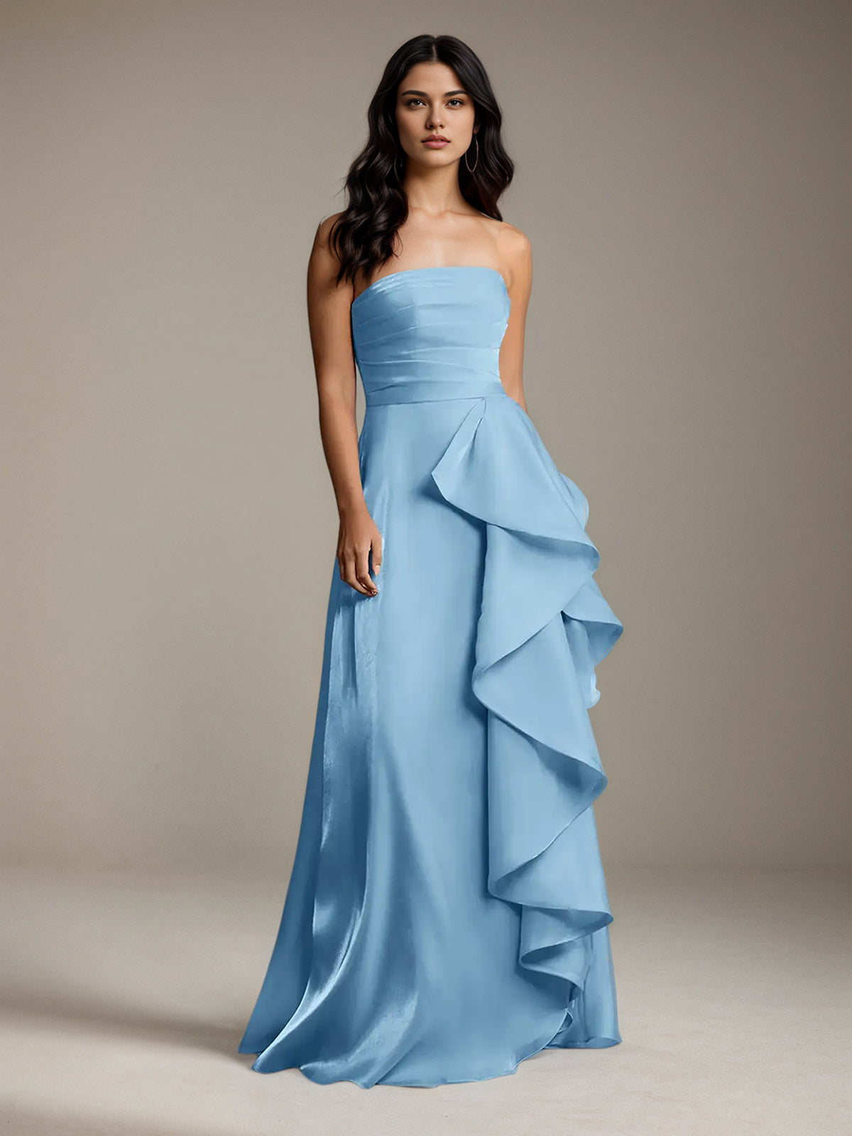 Mint Blue Satin A Line Off The Shoulder Sleeveless Floor Length Bridesmaid Dress With Ruffles