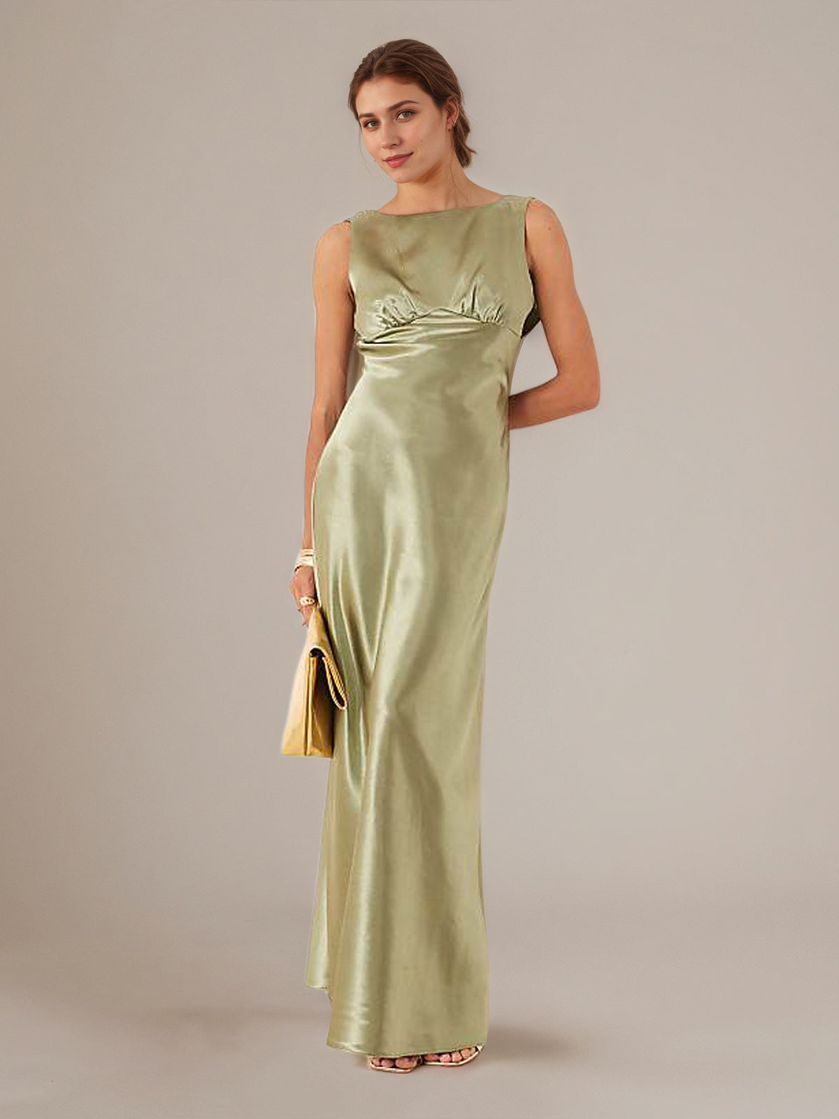Olive Green Sheath/Column Satin Boat Neck Sleeveless Floor Length Dresses