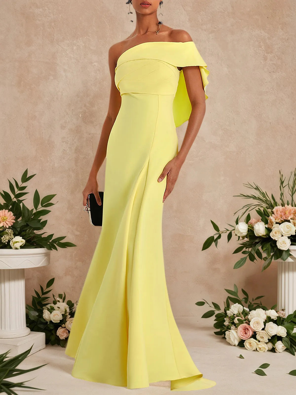 Yellow Ruched One Shoulder A-Line Gown