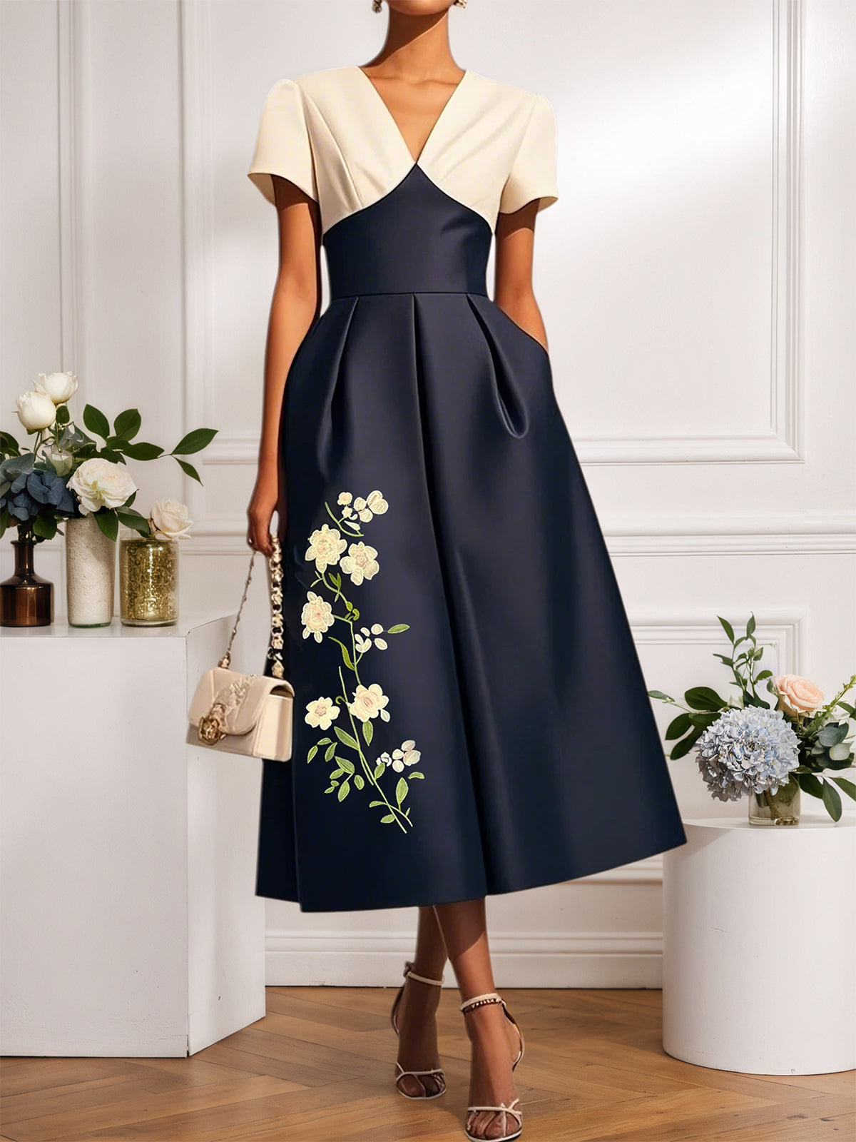 Navy Blue Embroidery Satin V Neck Short Sleeve A-Line Midi Dress