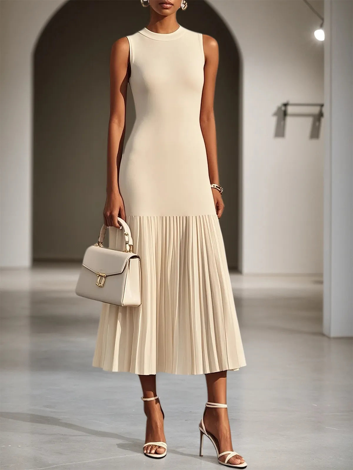 Beige Pleated Knit Crew Neck Sleeveless A-Line Midi Jersey Dress