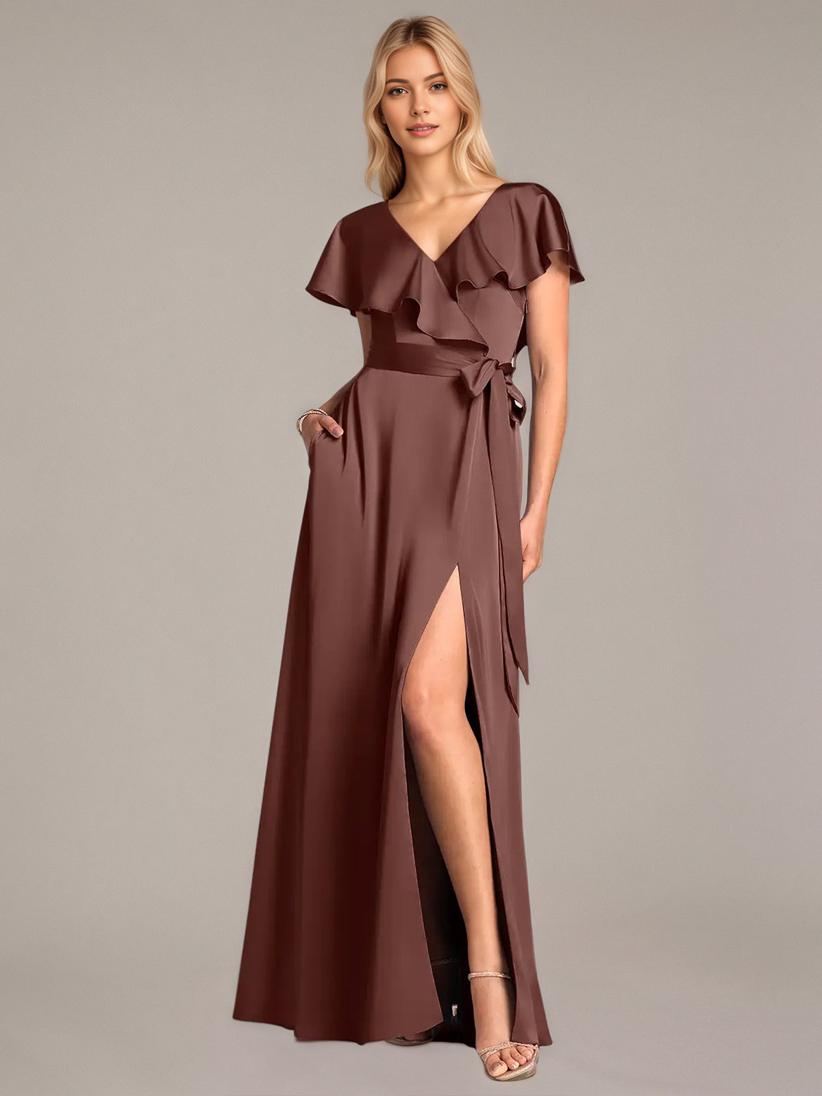 A Line Satin V Neck Short Sleeves Floor Length Dresses With Ruffles