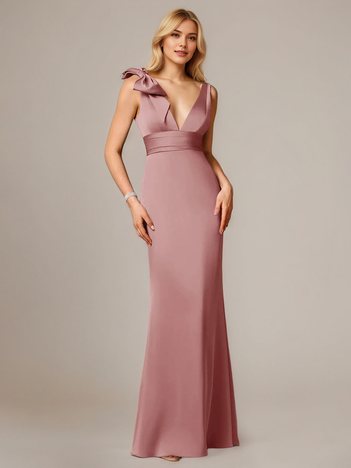 Dusty Rose Satin Sheath/Column V Neck Sleeveless Floor-Length Bridesmaid Dress With Bow