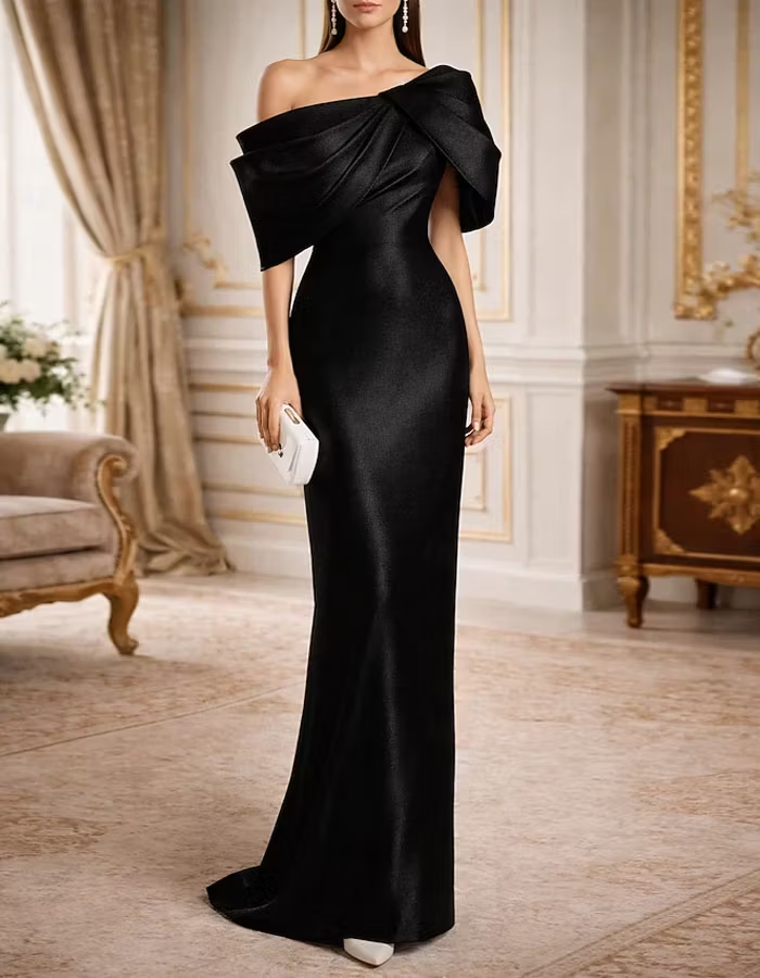 Solid Color Metallic Satin Off Shoulder Maxi Dress