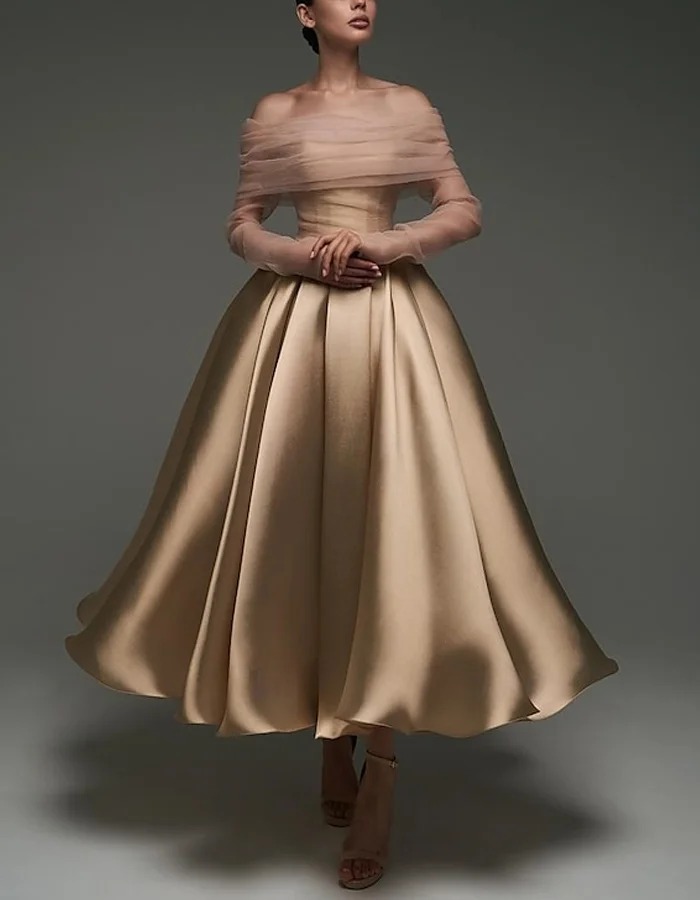 Champagne A-line Satin Removable Mesh Shawl Midi Dress