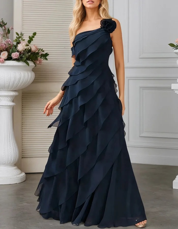 Navy One-Shoulder Ruffled Chiffon Maxi Dress