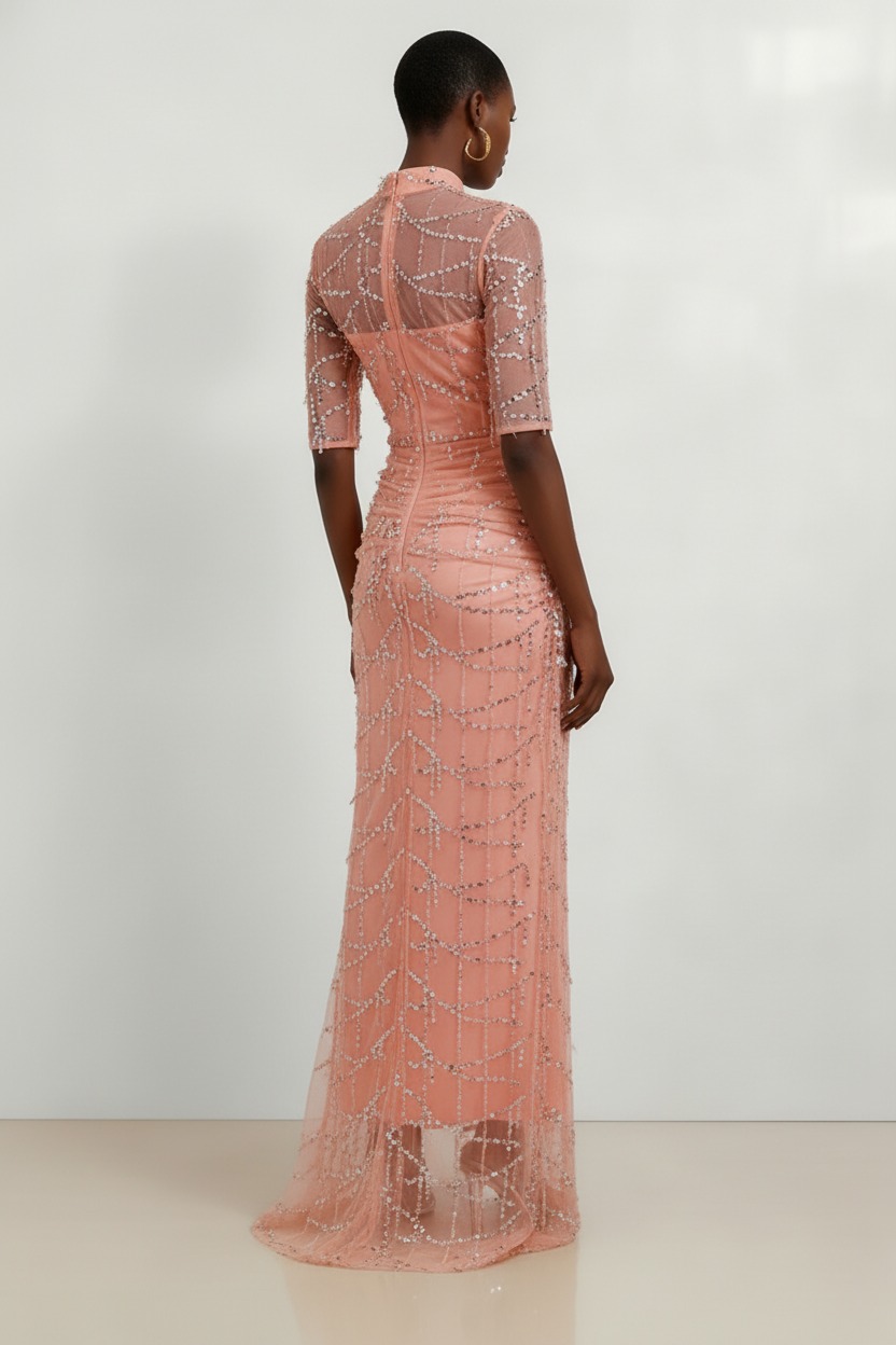 Peach Mesh Lace Crew Neck Half Sleeve Sheath Gown Dress