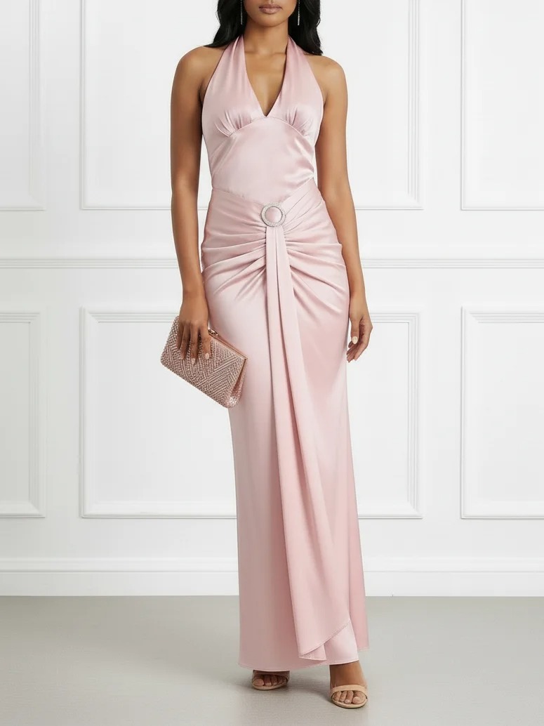 Pink Ruched Satin Halter Sleeveless Sheath Maxi Dress