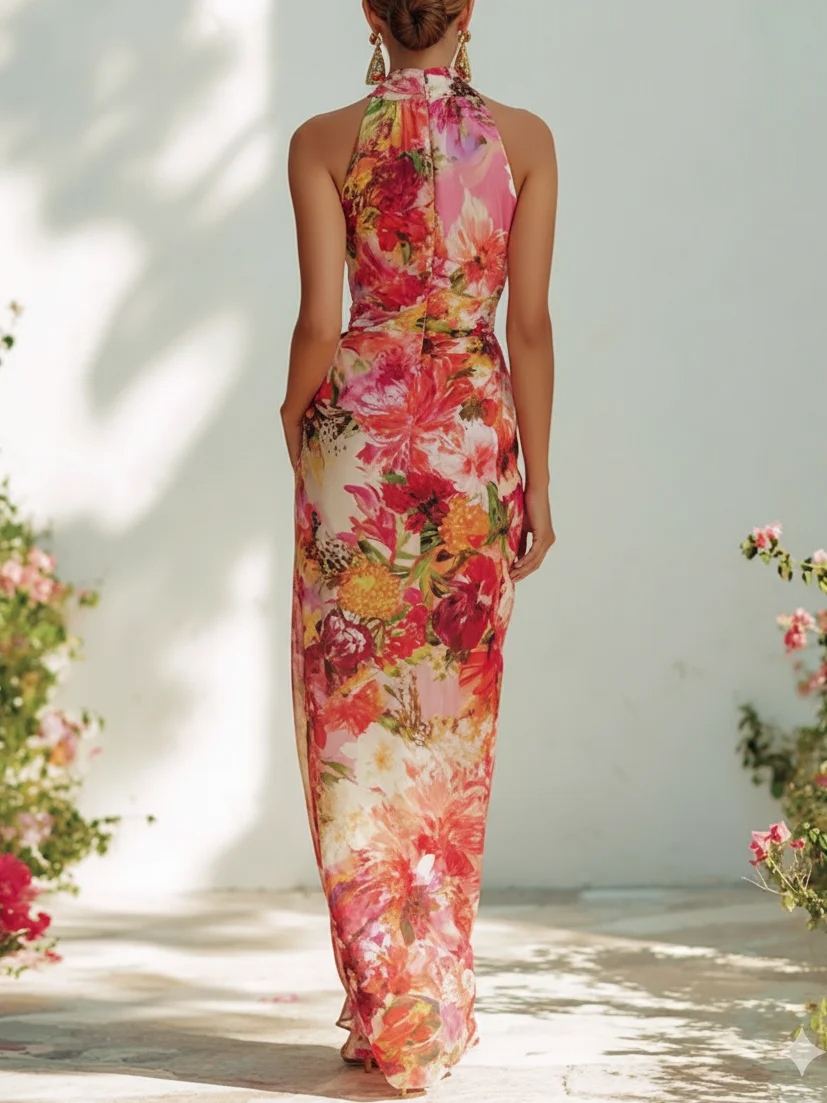 Red Floral Chiffon Halter Sleeveless A-Line Maxi Dress
