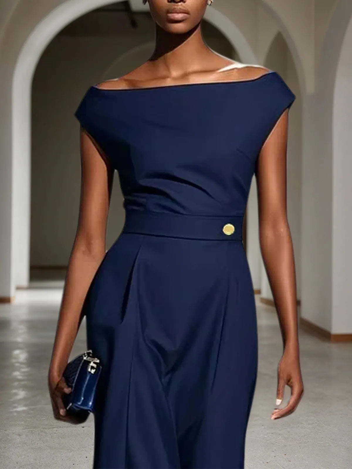 Purplish blue Buckle Classic Off The Shoulder Cap Sleeve Sheath Midi Dress