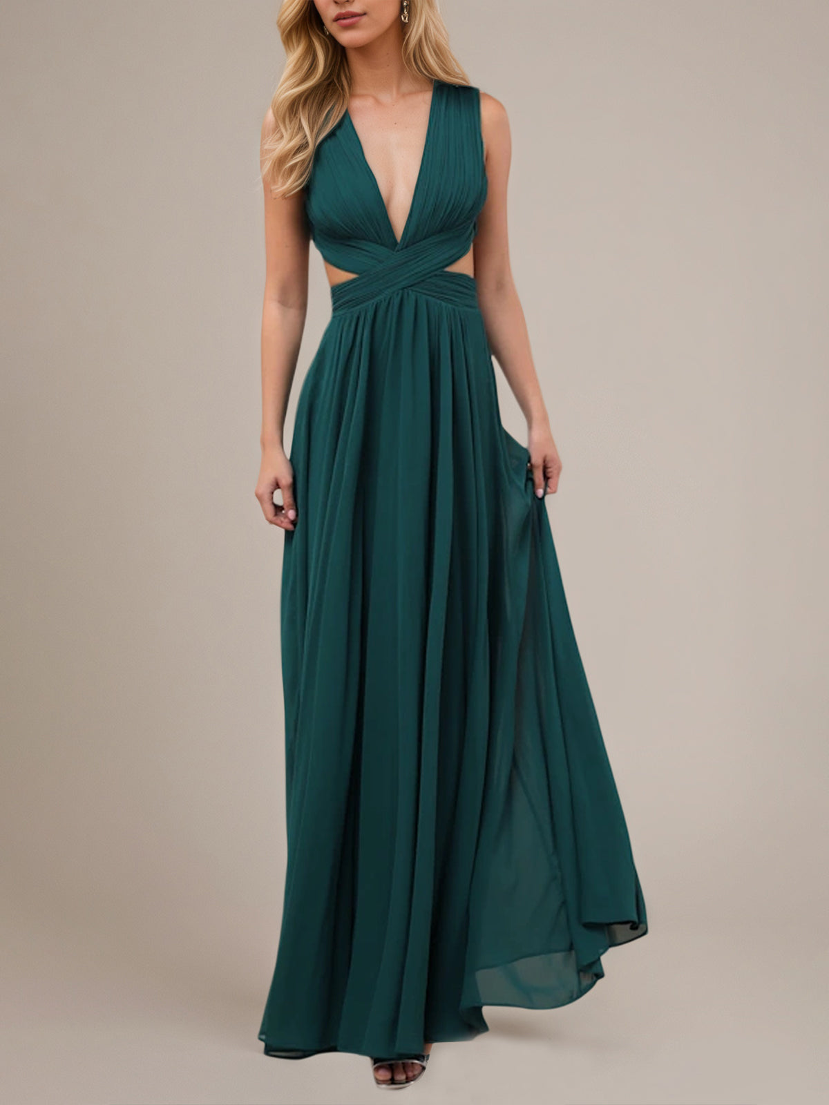 Green A Line Chiffon V Neck Sleeveless Floor Length Dresses