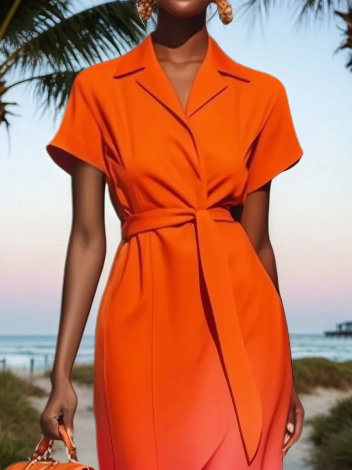 Orange Red Classic Lapel Collar Short Sleeve A-Line Midi Dress