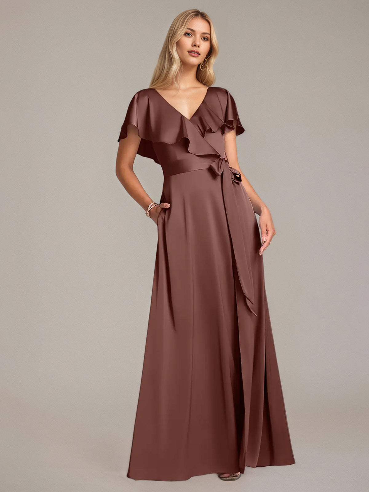A Line Satin V Neck Short Sleeves Floor Length Dresses With Ruffles