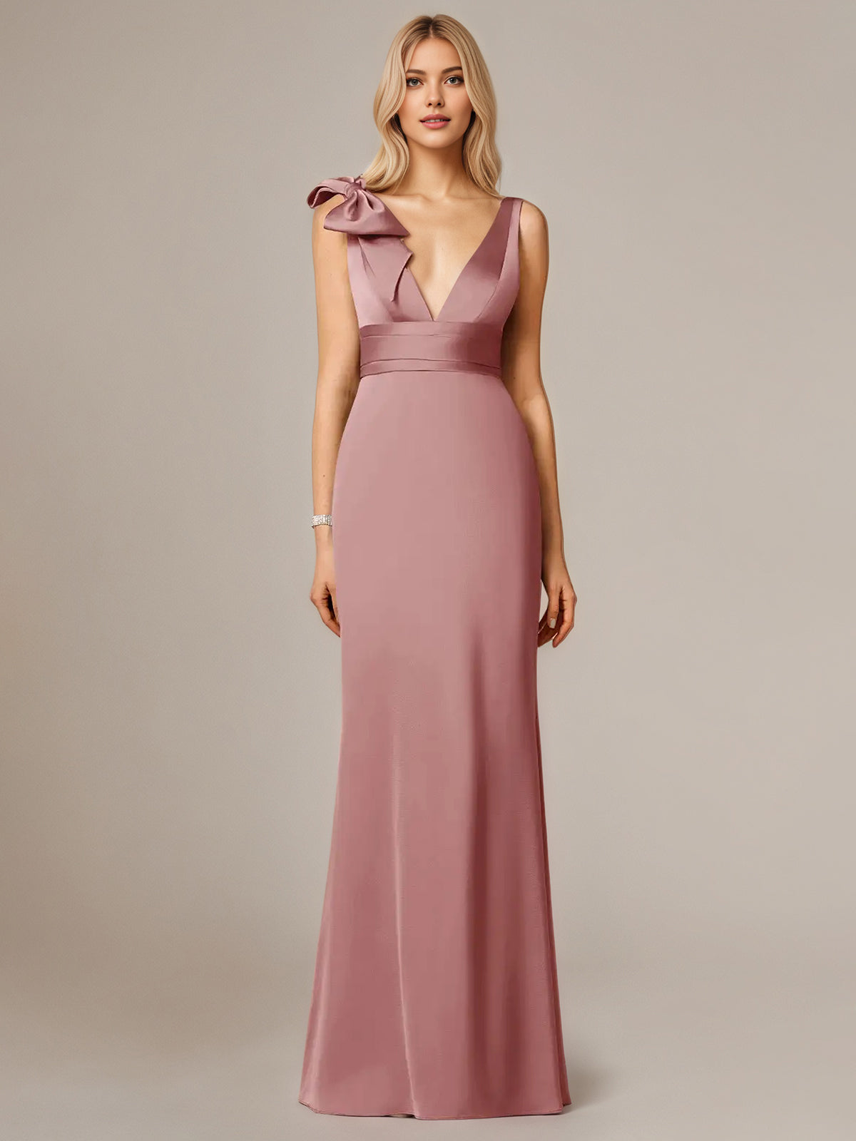 Dusty Rose Satin Sheath/Column V Neck Sleeveless Floor-Length Bridesmaid Dress With Bow